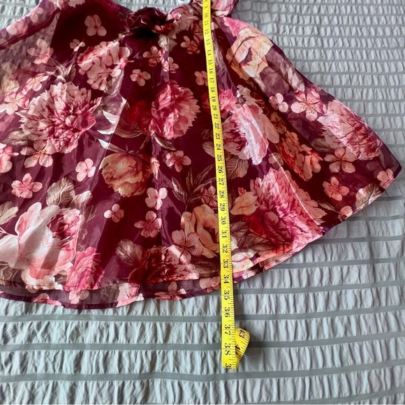 Lulus NWT Flair Wine Red Floral Organza Puff Sleeve Baby Doll Shift Mini Dress S - Picture 9 of 11
